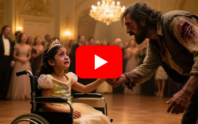 Niña en silla de ruedas con vestido celeste de princesa en un elegante salón de baile, mirando a un hombre desconocido que le