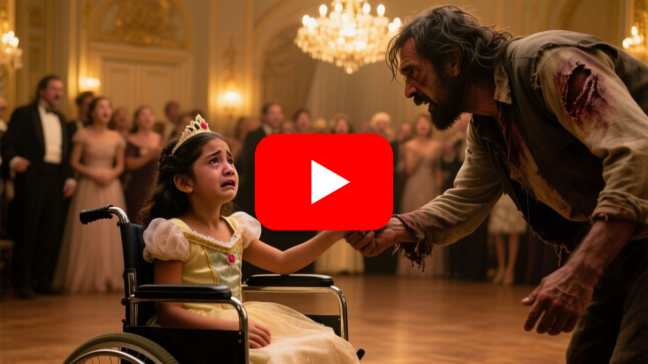 Niña en silla de ruedas con vestido celeste de princesa en un elegante salón de baile, mirando a un hombre desconocido que le