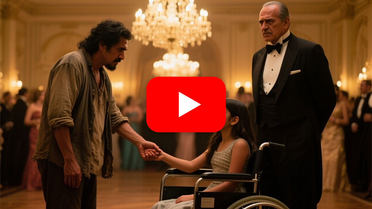 Niña en silla de ruedas con vestido azul cielo bailando con un hombre humilde en una gala elegante