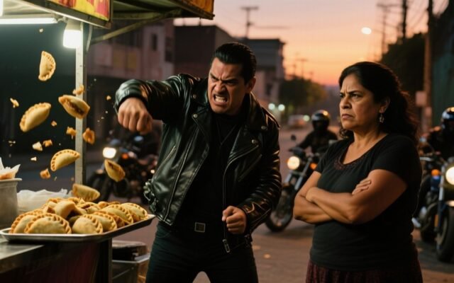 Doña Carmen vendiendo empanadas en su puesto de mercado frente a motociclistas que no pagan