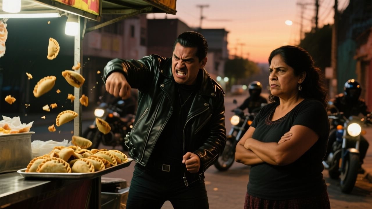 Doña Carmen vendiendo empanadas en su puesto de mercado frente a motociclistas que no pagan