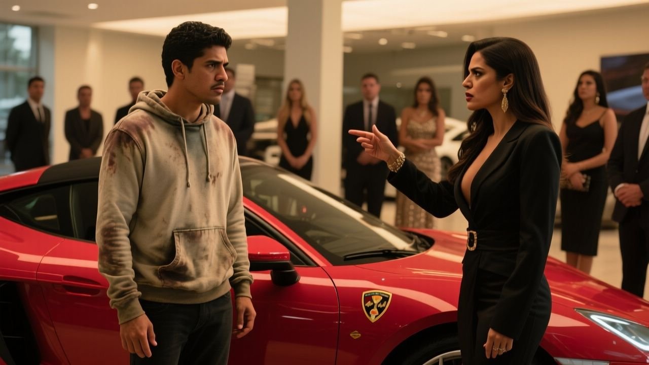 Joven con buzo azul gastado observando de cerca un Ferrari rojo en un concesionario de lujo lleno de invitados elegantes