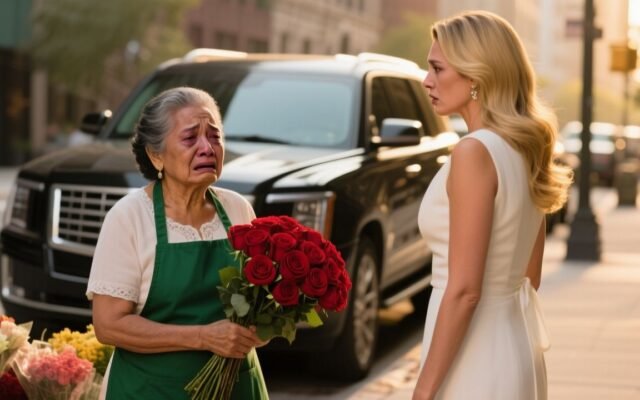 Florista mayor con delantal verde mira con dignidad a mujer rubia elegante que sostiene rosas rojas en una acera junto a una