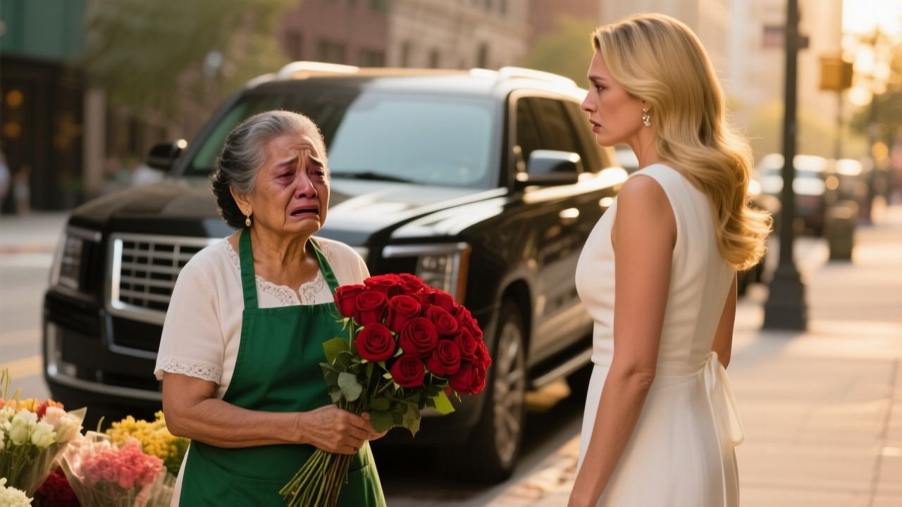 Florista mayor con delantal verde mira con dignidad a mujer rubia elegante que sostiene rosas rojas en una acera junto a una