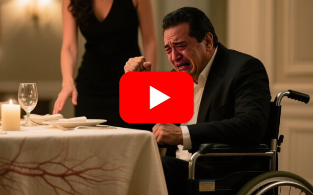 Hombre en silla de ruedas con el puño cerrado sobre la mesa del comedor tras ser humillado por su esposa