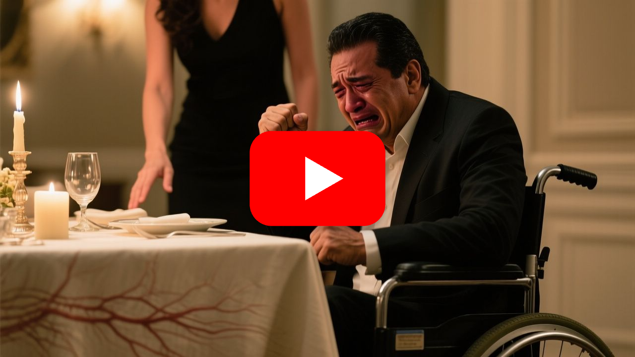 Hombre en silla de ruedas con el puño cerrado sobre la mesa del comedor tras ser humillado por su esposa