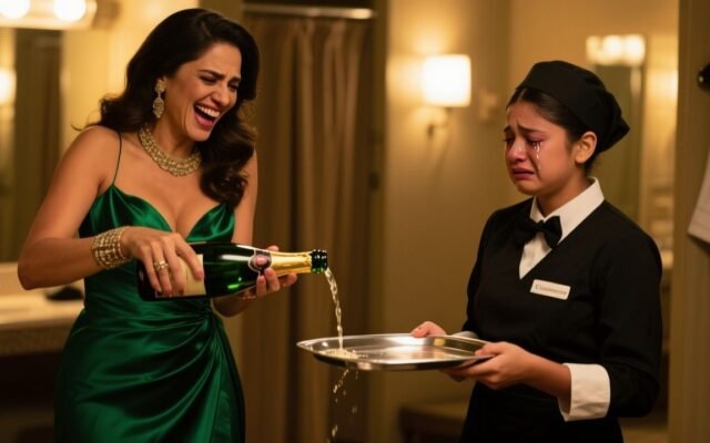Mujer elegante con vestido esmeralda humilla a mesera joven con uniforme negro en área VIP tras derramar champaña
