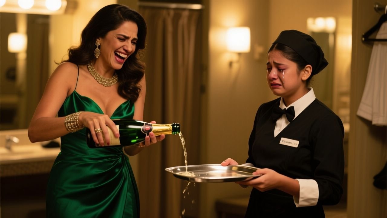 Mujer elegante con vestido esmeralda humilla a mesera joven con uniforme negro en área VIP tras derramar champaña