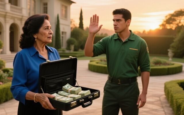 Mujer elegante abre maletín con fajos de billetes frente a joven jardinero en jardín de mansión al atardecer