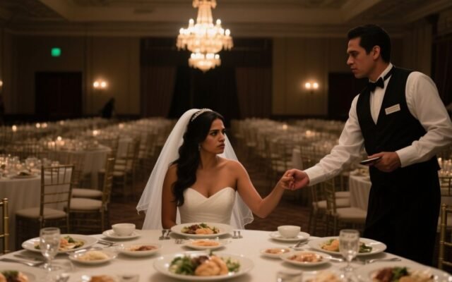 Novia con vestido blanco sentada sola en la mesa principal de su boda, frente a un plato de postre