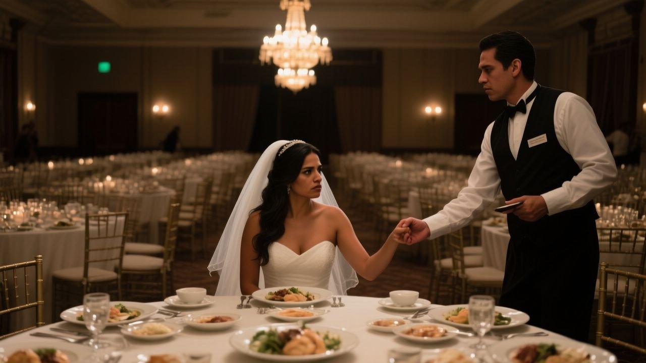 Novia con vestido blanco sentada sola en la mesa principal de su boda, frente a un plato de postre