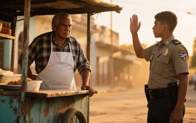 Veterano cocinero de 60 años frente a un oficial joven que le apunta con una pistola en un puesto de comida en Santo Domingo