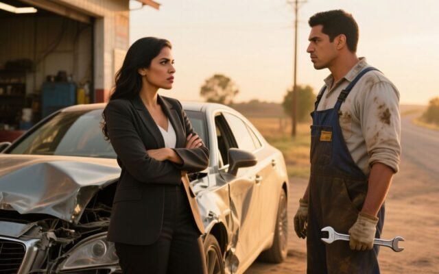 Mujer empresaria con traje y tacones observa su auto averiado en un camino rural, junto a un taller mecánico oxidado