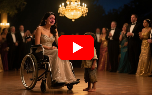 Niño descalzo con camisa blanca extendiendo la mano a Valentina, una joven en silla de ruedas durante la gala de los Villalba