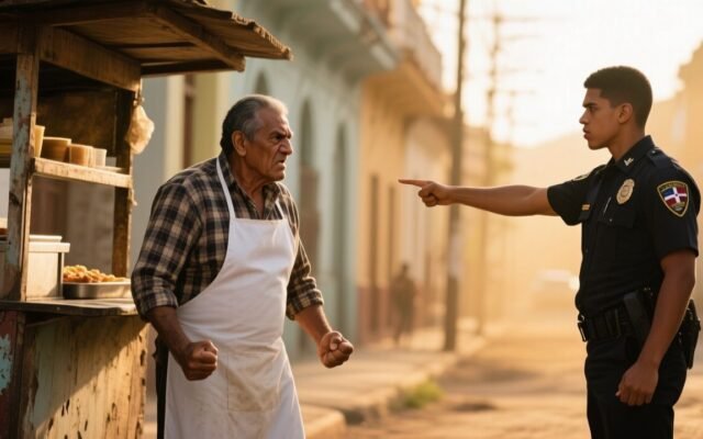Cocinero veterano con delantal blanco enfrenta a joven oficial armado frente a su puesto de tacos en Santo Domingo