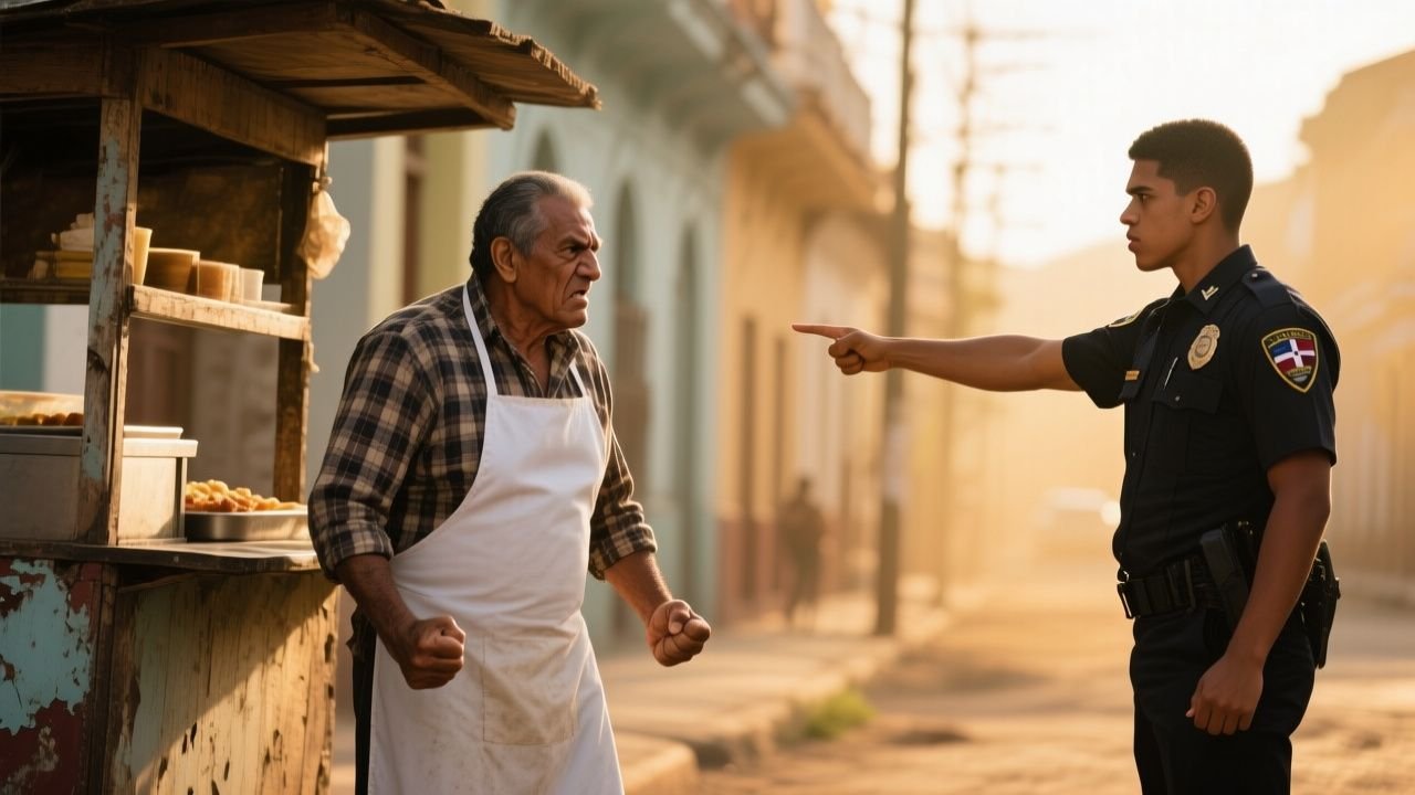 Cocinero veterano con delantal blanco enfrenta a joven oficial armado frente a su puesto de tacos en Santo Domingo