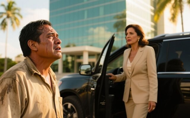 Trabajador sudoroso y angustiado observando a una mujer elegante que baja de una camioneta lujosa frente a una torre corporat