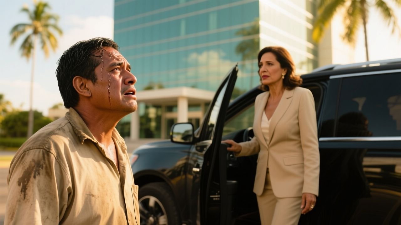 Trabajador sudoroso y angustiado observando a una mujer elegante que baja de una camioneta lujosa frente a una torre corporat