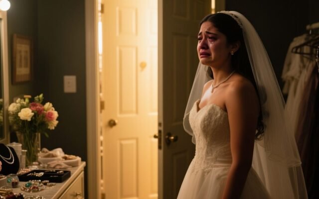 Novia con vestido blanco y velo frente al espejo del camerino, con lágrimas en los ojos y expresión decidida antes de la boda