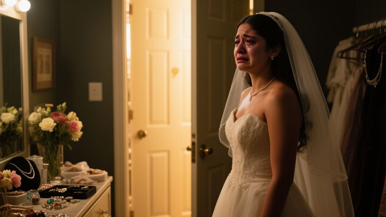 Novia con vestido blanco y velo frente al espejo del camerino, con lágrimas en los ojos y expresión decidida antes de la boda