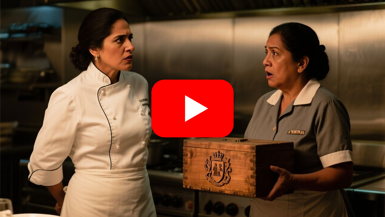 Chef ejecutiva y empleada de limpieza frente a la caja antigua con el sello de la familia Torres en la cocina del restaurante