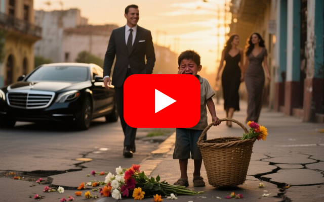 Niño vendedor de flores llorando en la acera con una canasta volteada y un billete falso en la mano