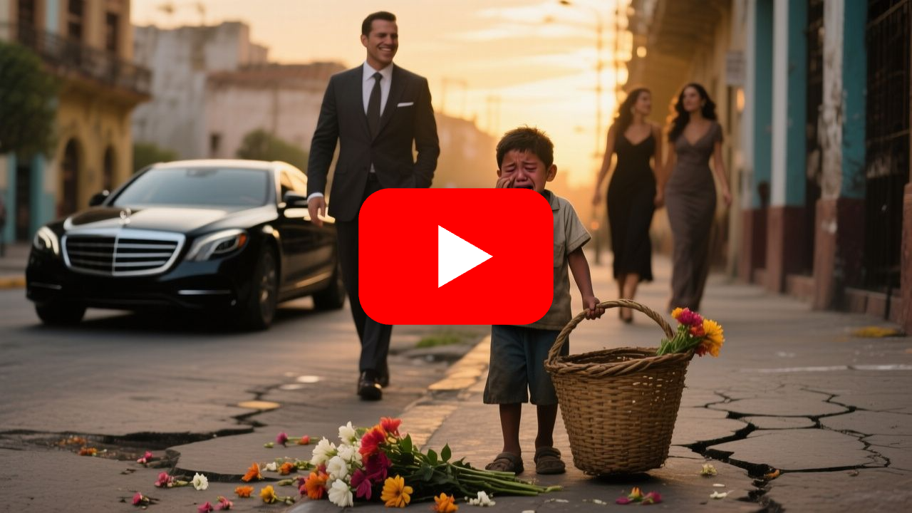 Niño vendedor de flores llorando en la acera con una canasta volteada y un billete falso en la mano
